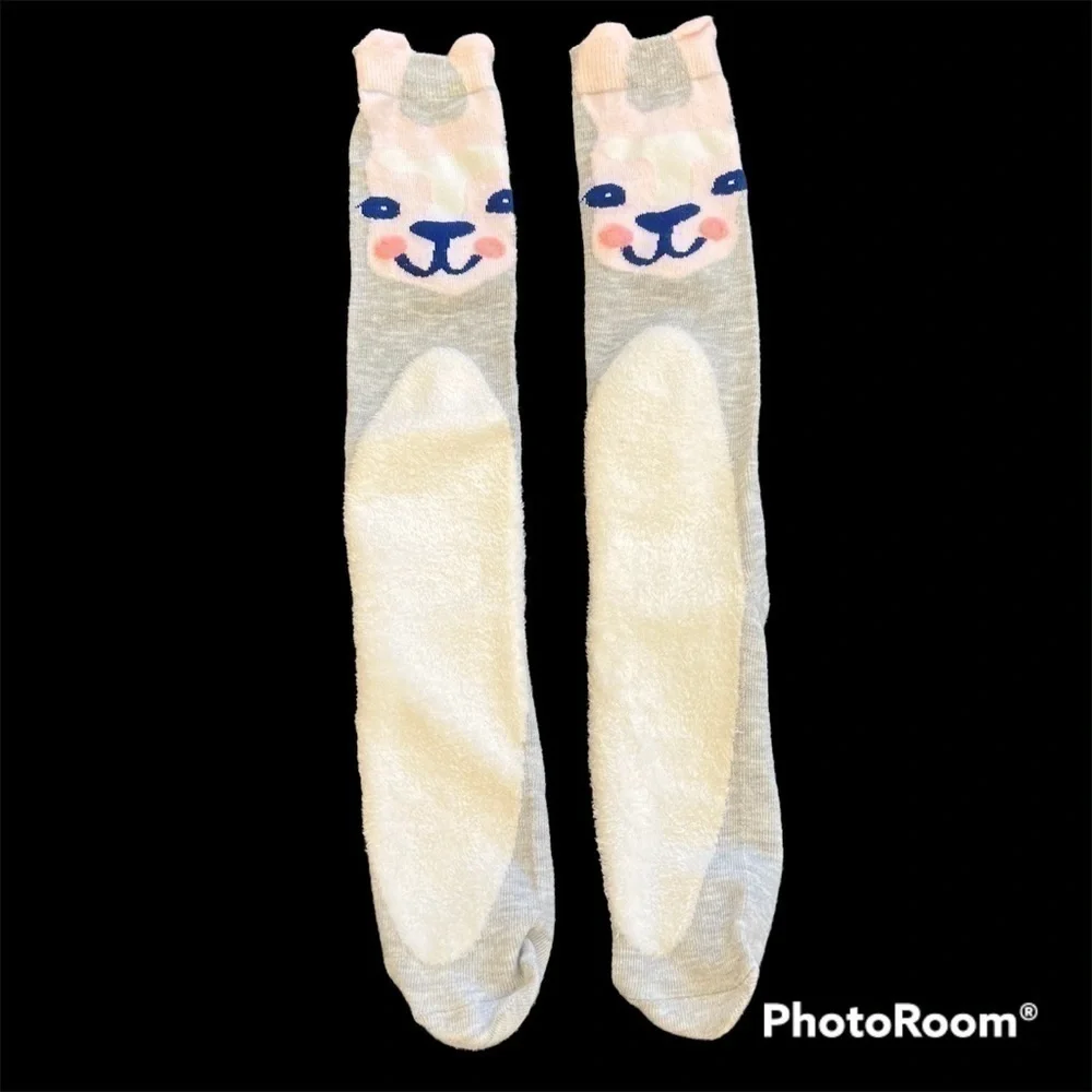 GRAY pink and white bunny knee socks, medium thickness
